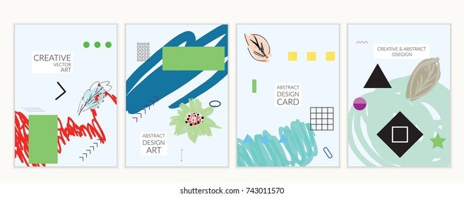 Set of artistic minimal universal card templates in Memphis style with abstract hand drawn doodles. Design for poster, card, invitation. Roughly drawn bright trendy textures. Vector isolated