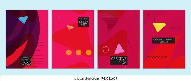 Set of artistic minimal universal card templates in Memphis style with abstract hand drawn doodles. Design for poster, card, invitation. Roughly drawn bright trendy textures. Vector isolated