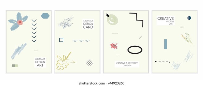 Set of artistic minimal universal card templates in Memphis style with abstract hand drawn doodles. Design for poster, card, invitation. Roughly drawn bright trendy textures. Vector isolated