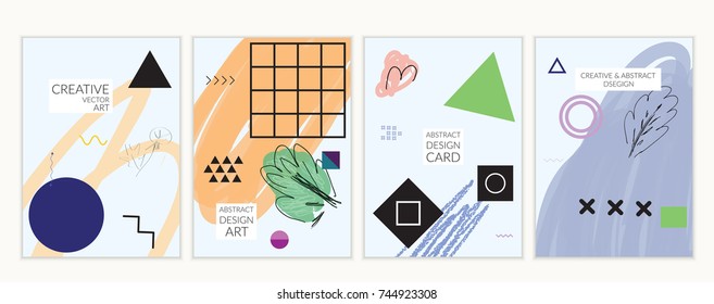 Set of artistic minimal universal card templates in Memphis style with abstract hand drawn doodles. Design for poster, card, invitation. Roughly drawn bright trendy textures. Vector isolated