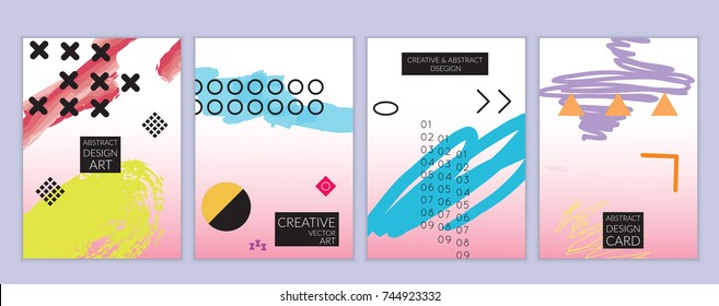 Set of artistic minimal universal card templates in Memphis style with abstract hand drawn doodles. Design for poster, card, invitation. Roughly drawn bright trendy textures. Vector isolated