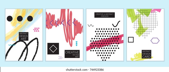 Set of artistic minimal universal card templates in Memphis style with abstract hand drawn doodles. Design for poster, card, invitation. Roughly drawn bright trendy textures. Vector isolated