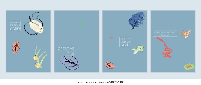 Set of artistic minimal universal card templates in Memphis style with abstract hand drawn doodles. Design for poster, card, invitation. Roughly drawn bright trendy textures. Vector isolated
