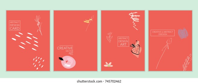 Set of artistic minimal universal card templates with abstract hand drawn doodles. Design for poster, card, invitation. Roughly drawn bright trendy textures. Minimal simple design.Vector isolated