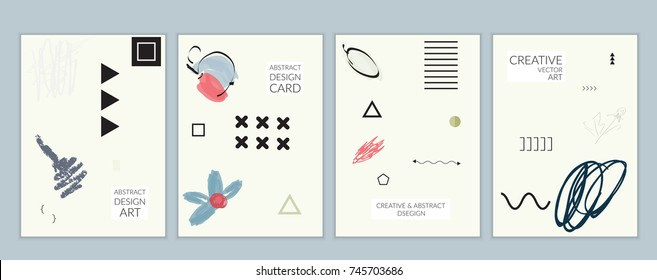Set of artistic minimal universal card templates in Memphis style with abstract hand drawn doodles. Design for poster, card, invitation. Roughly drawn bright trendy textures. Vector isolated
