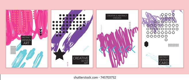 Set of artistic minimal universal card templates in Memphis style with abstract hand drawn doodles. Design for poster, card, invitation. Roughly drawn bright trendy textures. Vector isolated