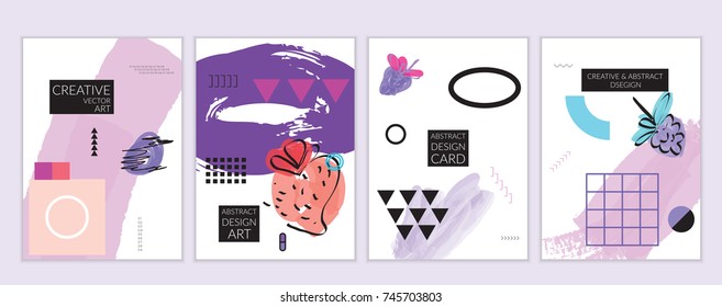 Set of artistic minimal universal card templates in Memphis style with abstract hand drawn doodles. Design for poster, card, invitation. Roughly drawn bright trendy textures. Vector isolated