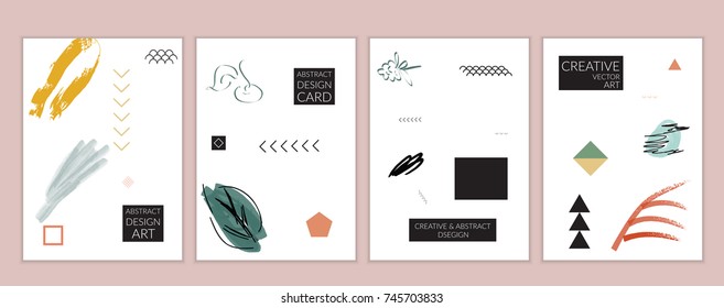 Set of artistic minimal universal card templates in Memphis style with abstract hand drawn doodles. Design for poster, card, invitation. Roughly drawn bright trendy textures. Vector isolated