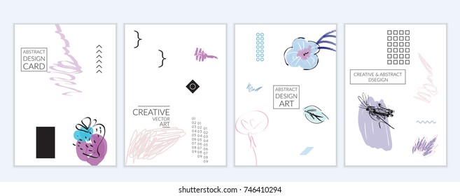 Set of artistic minimal universal card templates with abstract hand drawn doodles. Design for poster, card, invitation. Roughly drawn bright trendy textures. Minimal simple design.Vector isolated