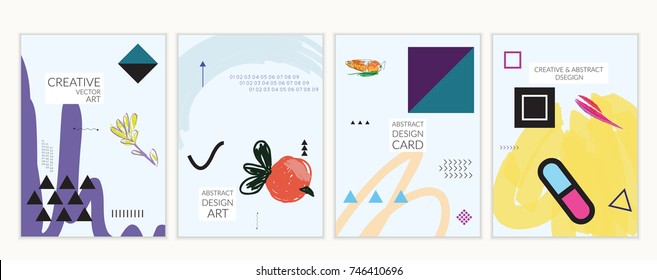 Set of artistic minimal universal card templates in Memphis style with abstract hand drawn doodles. Design for poster, card, invitation. Roughly drawn bright trendy textures. Vector isolated