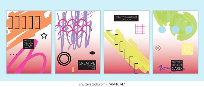 Set of artistic minimal universal card templates in Memphis style with abstract hand drawn doodles. Design for poster, card, invitation. Roughly drawn bright trendy textures. Vector isolated