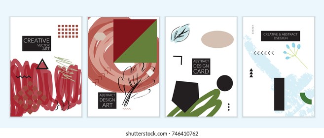 Set of artistic minimal universal card templates in Memphis style with abstract hand drawn doodles. Design for poster, card, invitation. Roughly drawn bright trendy textures. Vector isolated