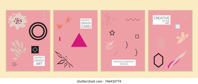 Set of artistic minimal universal card templates in Memphis style with abstract hand drawn doodles. Design for poster, card, invitation. Roughly drawn bright trendy textures. Vector isolated
