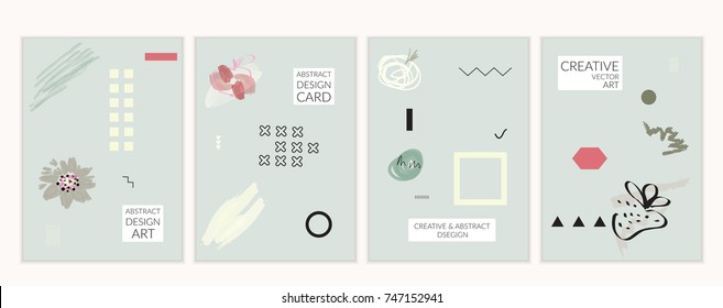 Set of artistic minimal universal card templates in Memphis style with abstract hand drawn doodles. Design for poster, card, invitation. Roughly drawn bright trendy textures. Vector isolated