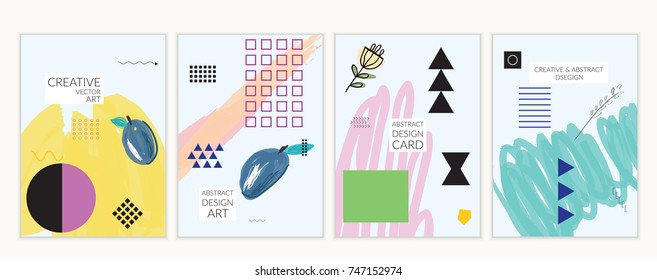 Set of artistic minimal universal card templates in Memphis style with abstract hand drawn doodles. Design for poster, card, invitation. Roughly drawn bright trendy textures. Vector isolated