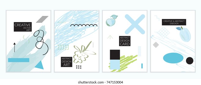 Set of artistic minimal universal card templates in Memphis style with abstract hand drawn doodles. Design for poster, card, invitation. Roughly drawn bright trendy textures. Vector isolated