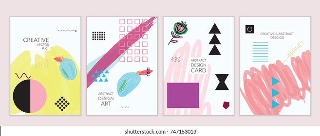 Set of artistic minimal universal card templates in Memphis style with abstract hand drawn doodles. Design for poster, card, invitation. Roughly drawn bright trendy textures. Vector isolated
