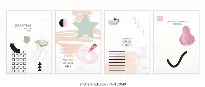 Set of artistic minimal universal card templates in Memphis style with abstract hand drawn doodles. Design for poster, card, invitation. Roughly drawn bright trendy textures. Vector isolated