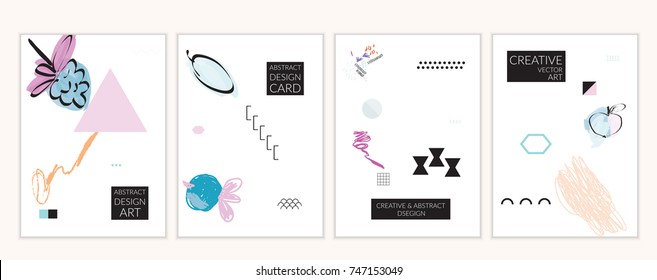 Set of artistic minimal universal card templates in Memphis style with abstract hand drawn doodles. Design for poster, card, invitation. Roughly drawn bright trendy textures. Vector isolated