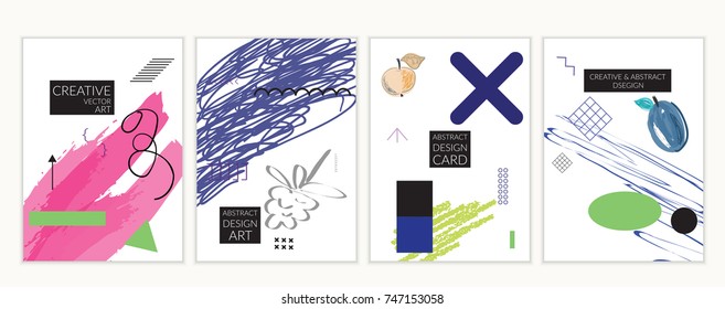 Set of artistic minimal universal card templates in Memphis style with abstract hand drawn doodles. Design for poster, card, invitation. Roughly drawn bright trendy textures. Vector isolated