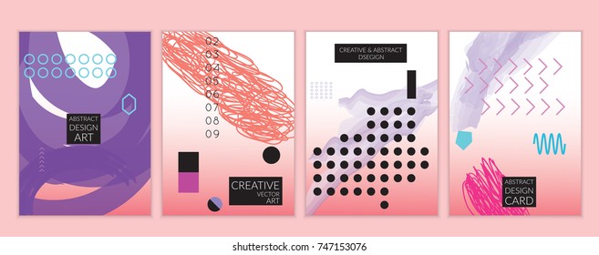 Set of artistic minimal universal card templates in Memphis style with abstract hand drawn doodles. Design for poster, card, invitation. Roughly drawn bright trendy textures. Vector isolated