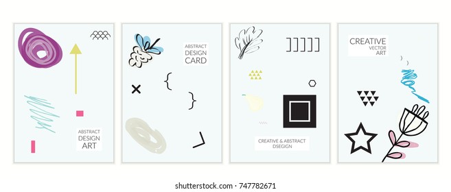 Set of artistic minimal universal card templates in Memphis style with abstract hand drawn doodles. Design for poster, card, invitation. Roughly drawn bright trendy textures. Vector isolated