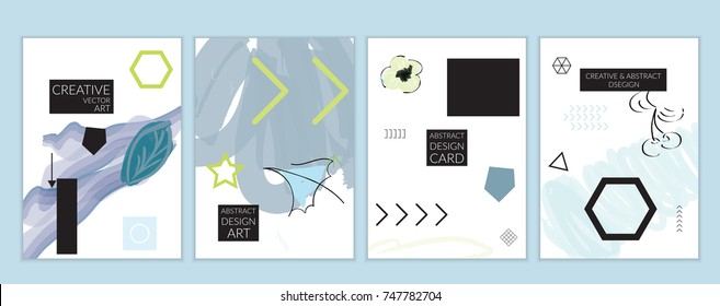 Set of artistic minimal universal card templates in Memphis style with abstract hand drawn doodles. Design for poster, card, invitation. Roughly drawn bright trendy textures. Vector isolated