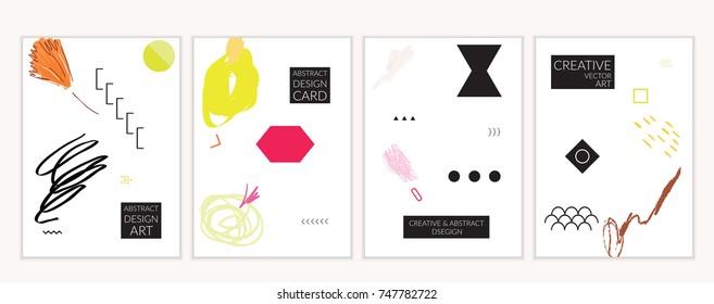 Set of artistic minimal universal card templates in Memphis style with abstract hand drawn doodles. Design for poster, card, invitation. Roughly drawn bright trendy textures. Vector isolated