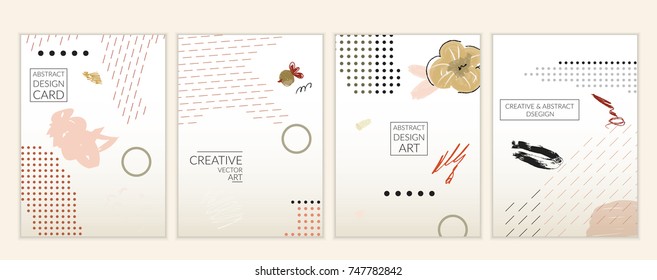Set of artistic minimal universal card templates in Memphis style with abstract hand drawn doodles. Design for poster, card, invitation. Roughly drawn bright trendy textures. Vector isolated