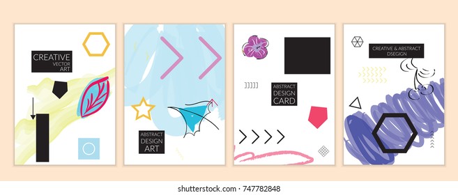Set of artistic minimal universal card templates in Memphis style with abstract hand drawn doodles. Design for poster, card, invitation. Roughly drawn bright trendy textures. Vector isolated