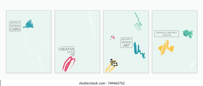 Set of artistic minimal universal card templates with abstract hand drawn doodles. Design for poster, card, invitation. Roughly drawn bright trendy textures. Minimal simple design.Vector isolated