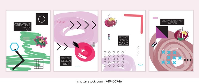Set of artistic minimal universal card templates in Memphis style with abstract hand drawn doodles. Design for poster, card, invitation. Roughly drawn bright trendy textures. Vector isolated