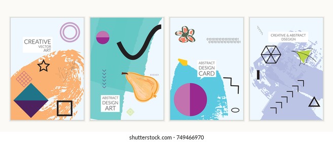 Set of artistic minimal universal card templates in Memphis style with abstract hand drawn doodles. Design for poster, card, invitation. Roughly drawn bright trendy textures. Vector isolated
