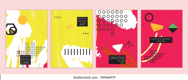Set of artistic minimal universal card templates in Memphis style with abstract hand drawn doodles. Design for poster, card, invitation. Roughly drawn bright trendy textures. Vector isolated