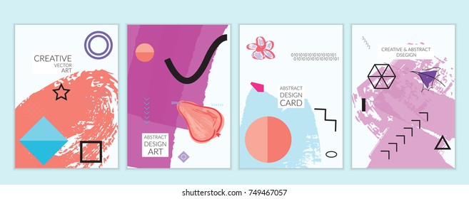 Set of artistic minimal universal card templates in Memphis style with abstract hand drawn doodles. Design for poster, card, invitation. Roughly drawn bright trendy textures. Vector isolated