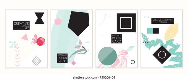 Set of artistic minimal universal card templates in Memphis style with abstract hand drawn doodles. Design for poster, card, invitation. Roughly drawn bright trendy textures. Vector isolated