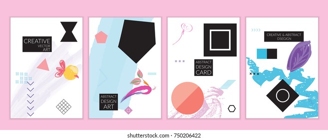 Set of artistic minimal universal card templates in Memphis style with abstract hand drawn doodles. Design for poster, card, invitation. Roughly drawn bright trendy textures. Vector isolated