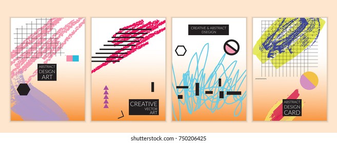 Set of artistic minimal universal card templates in Memphis style with abstract hand drawn doodles. Design for poster, card, invitation. Roughly drawn bright trendy textures. Vector isolated