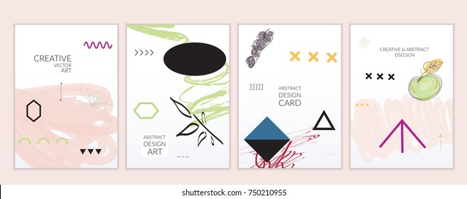 Set of artistic minimal universal card templates in Memphis style with abstract hand drawn doodles. Design for poster, card, invitation. Roughly drawn bright trendy textures. Vector isolated