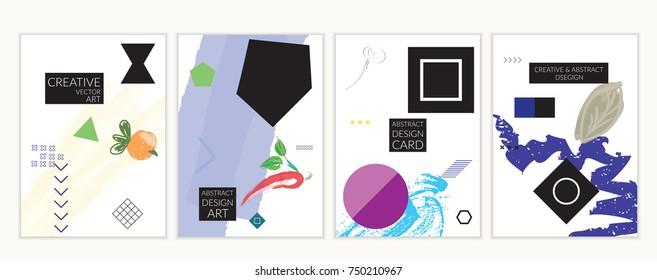 Set of artistic minimal universal card templates in Memphis style with abstract hand drawn doodles. Design for poster, card, invitation. Roughly drawn bright trendy textures. Vector isolated