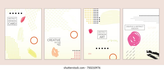 Set of artistic minimal universal card templates in Memphis style with abstract hand drawn doodles. Design for poster, card, invitation. Roughly drawn bright trendy textures. Vector isolated