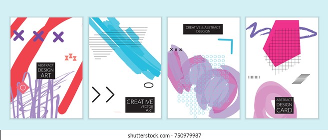Set of artistic minimal universal card templates in Memphis style with abstract hand drawn doodles. Design for poster, card, invitation. Roughly drawn bright trendy textures. Vector isolated