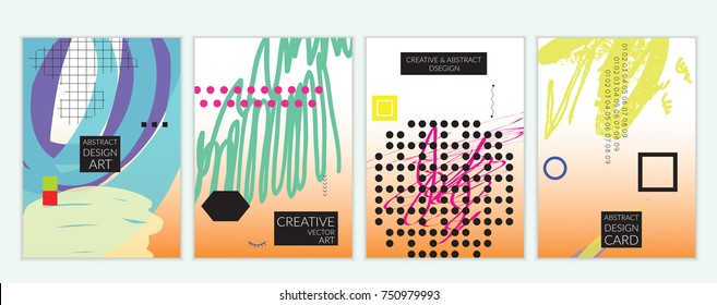 Set of artistic minimal universal card templates in Memphis style with abstract hand drawn doodles. Design for poster, card, invitation. Roughly drawn bright trendy textures. Vector isolated