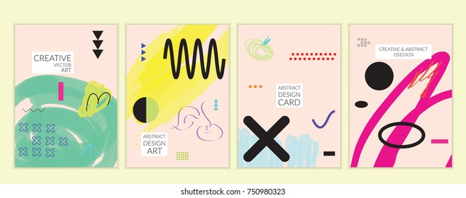 Set of artistic minimal universal card templates in Memphis style with abstract hand drawn doodles. Design for poster, card, invitation. Roughly drawn bright trendy textures. Vector isolated