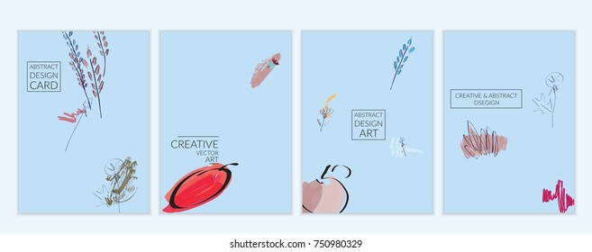 Set of artistic minimal universal card templates in Memphis style with abstract hand drawn doodles. Design for poster, card, invitation. Roughly drawn bright trendy textures. Vector isolated