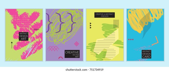 Set of artistic minimal universal card templates in Memphis style with abstract hand drawn doodles. Design for poster, card, invitation. Roughly drawn bright trendy textures. Vector isolated