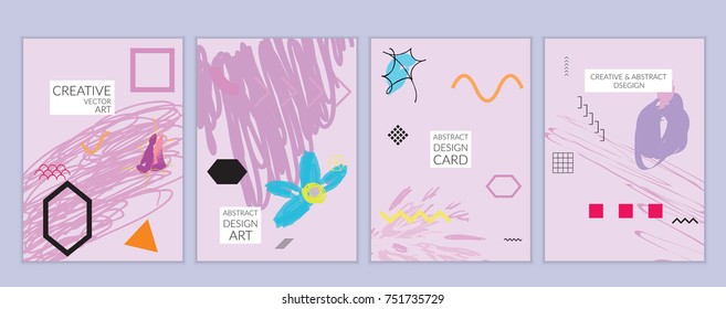 Set of artistic minimal universal card templates in Memphis style with abstract hand drawn doodles. Design for poster, card, invitation. Roughly drawn bright trendy textures. Vector isolated