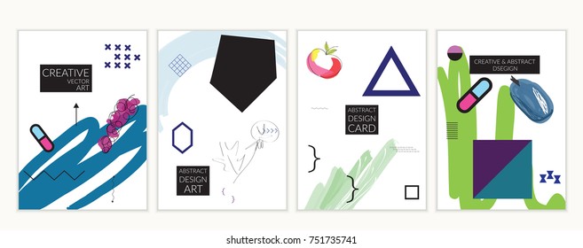 Set of artistic minimal universal card templates in Memphis style with abstract hand drawn doodles. Design for poster, card, invitation. Roughly drawn bright trendy textures. Vector isolated