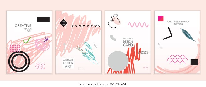 Set of artistic minimal universal card templates in Memphis style with abstract hand drawn doodles. Design for poster, card, invitation. Roughly drawn bright trendy textures. Vector isolated