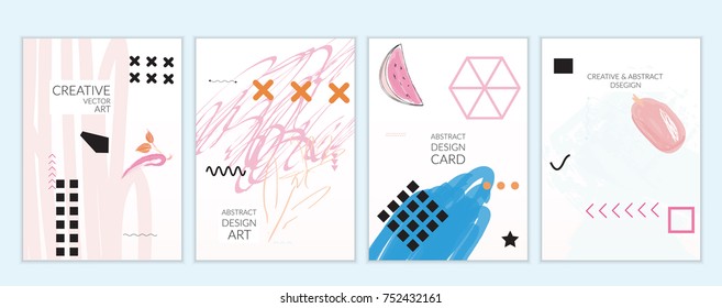 Set of artistic minimal universal card templates in Memphis style with abstract hand drawn doodles. Design for poster, card, invitation. Roughly drawn bright trendy textures. Vector isolated